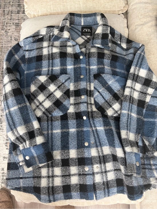 Zara Tops - Zara Light Blue Black White Plaid Button Shirt Jacket